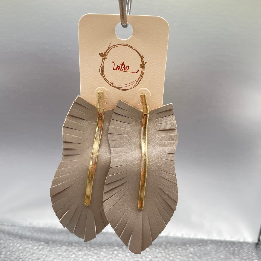 New! Leather Leaf Fringe Drop Earrings in Taupe - Picture 3 of 4